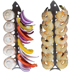 Fishbone stainless steel BBQ skewers with shrimp and vegetables on white background