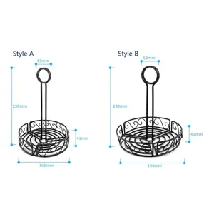 Detailed dimensions for black wrought iron circular spice basket and condiment rack