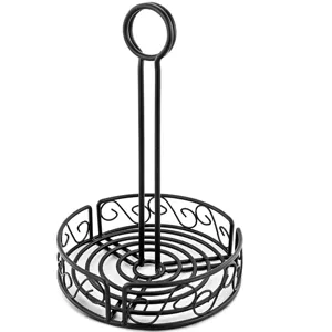 Close-up view of black iron wire condiment organizer with integrated table card holder ring