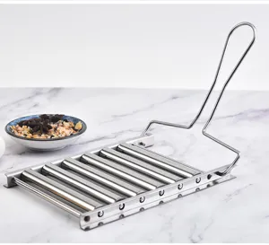 Stainless steel hot dog roller detail showing multi-roller grill design and long handle.