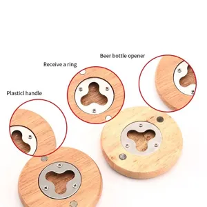 Apribottiglie tondo in legno portatile con anima in acciaio inox e viste zoomate dettagliate