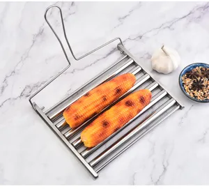Stainless steel rolling hot dog grill rack portable BBQ tool for outdoor cooking and sausage.
