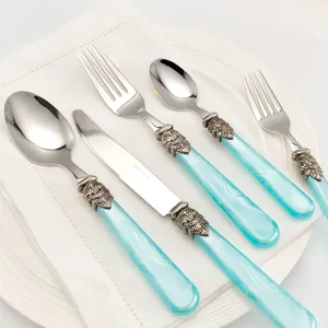Retro Roestvrij Stalen Besteckset Marmeren Textuur Acryl Handvat Reliëf Barok Ornament Westers Servies Voor Bruiloft Feest Elegante Eettafel Decoratie Cadeauset Jubileum Luxe Gerei