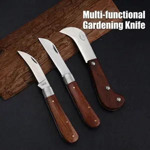 Folding Gardening Knife Wood Handle Stainless Steel Curved Blade Mushroom Picking Knife Portable Harvesting Tool For Outdoor Orchard Vegetable Garden