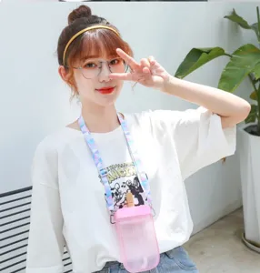 Ins cute popsicle water bottle with strap, plastic straw cup for students and daily outdoor use.
