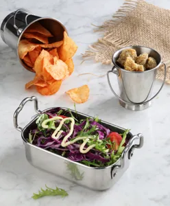 Vielseitiges silbernes Snack-Tablett-Set aus Edelstahl mit rechteckiger Platte und Eimern