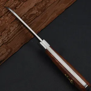 Folding gardening knife with wooden handle and curved blade for harvesting and mushrooms