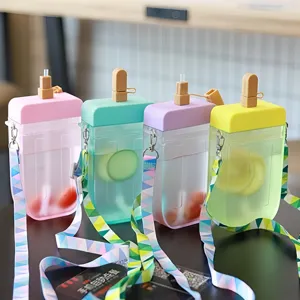 Ins popular popsicle shape straw water bottle PC material cross-body colorful strap cute cup