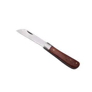 Portable folding gardening knife with an ergonomic wooden handle and curved blade