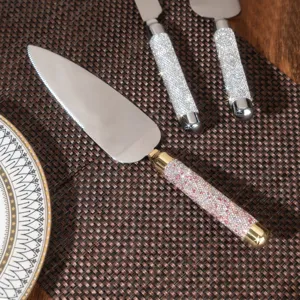 Luxury stainless steel cake server set with glitter rhinestone handles for wedding gift.