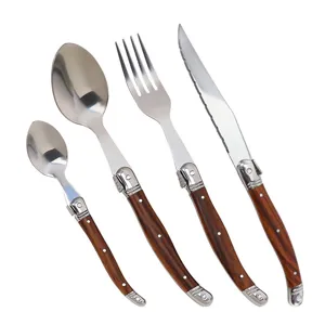4-teiliges Besteckset im Laguiole-Stil mit Edelstahlköpfen und Holzmaserung-Griffen