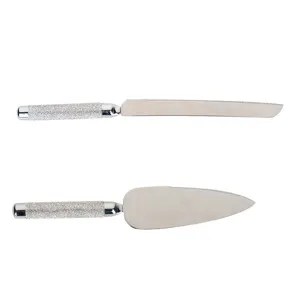 Elegant stainless steel cake knife and server set with sparkling rhinestone handles