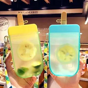 Cute popsicle water bottle with strap, portable plastic straw cup for daily use.
