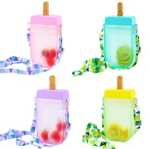 Cute popsicle water bottle with straw and strap, portable plastic sippy cup for students.