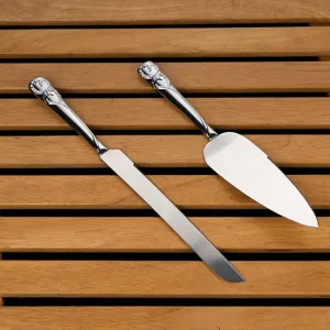Elegantes silbernes Tortenmesser- und Heberset aus Edelstahl mit herzförmigen Kristallgriffen