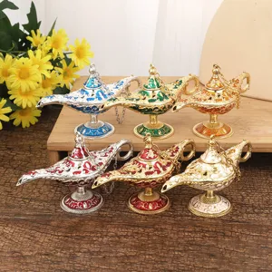 Retro Zinc Alloy Aladdin Magic Lamp Figurine Classical Embossed Decorative Ornament Home Office Desktop Craft Gift