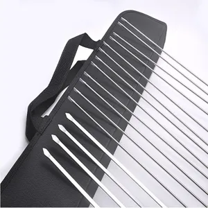 Stainless steel barbecue skewers detail view showing neat arrangement in black storage bag.