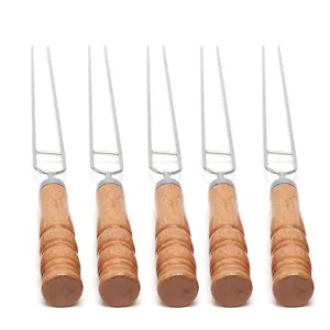 Stainless steel double prong BBQ forks with wooden handles, set of 5 grilling skewers.