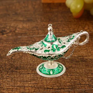 Retro metal Aladdin magic lamp ornament, vintage green and silver wish lamp home decor.