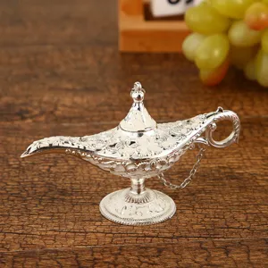 Vintage metal Aladdin magic lamp ornament, European style wishing lamp decor for home tabletop.