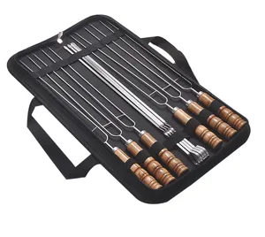 Stainless steel barbecue skewers set with wooden handles and portable black storage bag.
