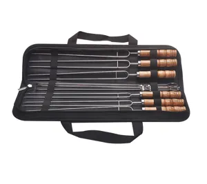 Stainless steel BBQ skewers set with wooden handles and black zipper storage bag detail view.