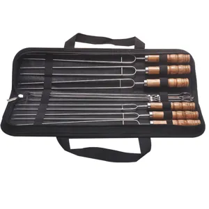 Stainless Steel BBQ Skewers Wooden Handle Flat Grilling Needles Outdoor Camping Barbecue Utensils With Storage Bag