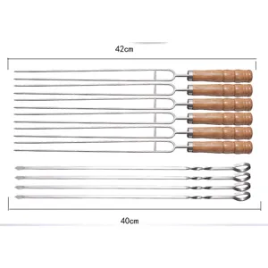 Stainless steel BBQ skewers set with wooden handle and flat grill needles for outdoor cooking