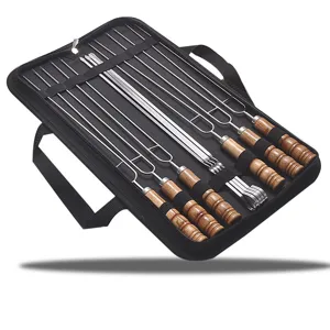 Stainless steel BBQ skewers set with wooden handles in portable black storage bag.
