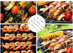 Vista detallada de brochetas planas de acero inoxidable para carne y camarones