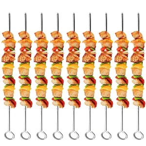 Juego de Brochetas de Barbacoa de Acero Inoxidable Aguja de Parrilla de Metal Plana Redonda Reutilizable para Picnic al Aire Libre Camping