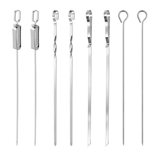 Juego de ocho brochetas de barbacoa de acero inoxidable reutilizables con puntas planas y redondas