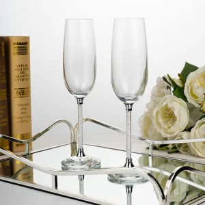 Luxury Crystal Champagne Glass White Rhinestone Gold Leaf Filled Stem Wedding Party Gift Toasting Flute Wine Glass Cup
