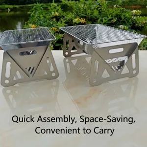 Portable stainless steel folding BBQ grill for outdoor camping and picnicking.