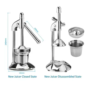 Manual stainless steel juicer showing assembled and disassembled components with dimensions