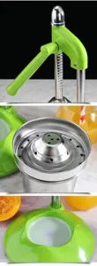 Detailed close-ups of stainless steel manual fruit juicer and green lever mechanism