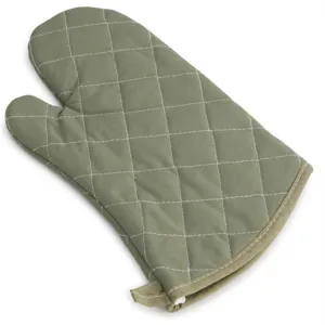 Green quilted oven mitt for kitchen baking, heat resistant microwave glove with hanging loop.