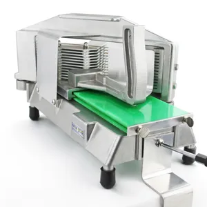 Detail shot of a commercial stainless steel slicer with sharp multiple blades and handle.