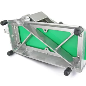 Detail view of commercial stainless steel fruit slicer with anti-slip rubber feet