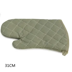 Army green quilted oven mitt detail shot, heat resistant kitchen baking glove 31cm.