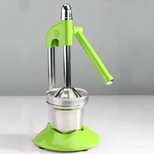 Manual stainless steel fruit press juicer for oranges and pomegranates in lime green finish.