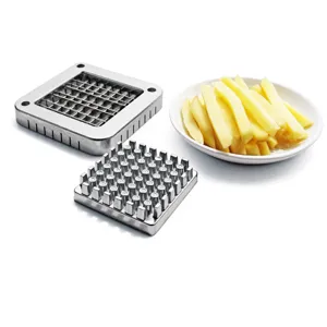 Nahaufnahme der Edelstahl-Schneidklinge und des Schiebers für Pommes-Schneider