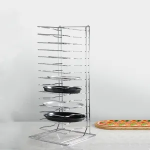Vista detallada del soporte de enfriamiento de pizza de 11 niveles con moldes