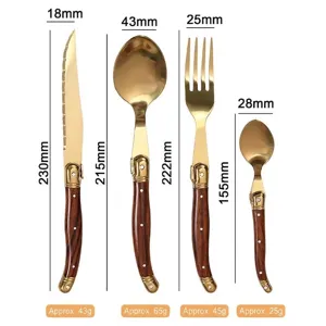 Set posate 4 pezzi in acciaio inox dorato con manici effetto legno e dimensioni