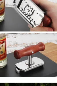 Stainless steel jar opener detail showing the adjustable gear mechanism and sturdy wooden handle.