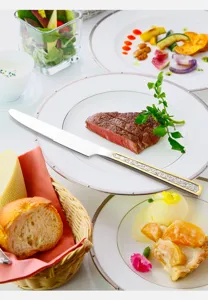 Détail d'un couteau à steak en inox haut de gamme avec manche grainé sur une assiette.