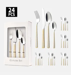 Ménagère 24 pièces en acier inoxydable avec manches dorés et boîte cadeau luxe
