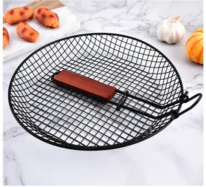 Foldable BBQ wire mesh basket with wooden handle round frying pan for outdoor kitchen cooking.