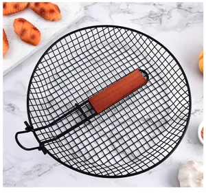 Foldable BBQ wire mesh basket with wooden handle for outdoor camping and home kitchen cooking.