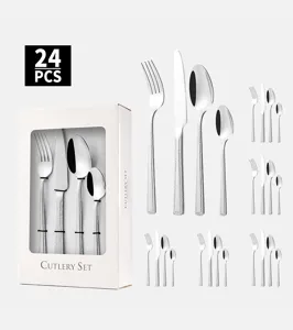Vue détaillée d'un ensemble de 24 couverts en acier inox avec motif pierre en boîte cadeau